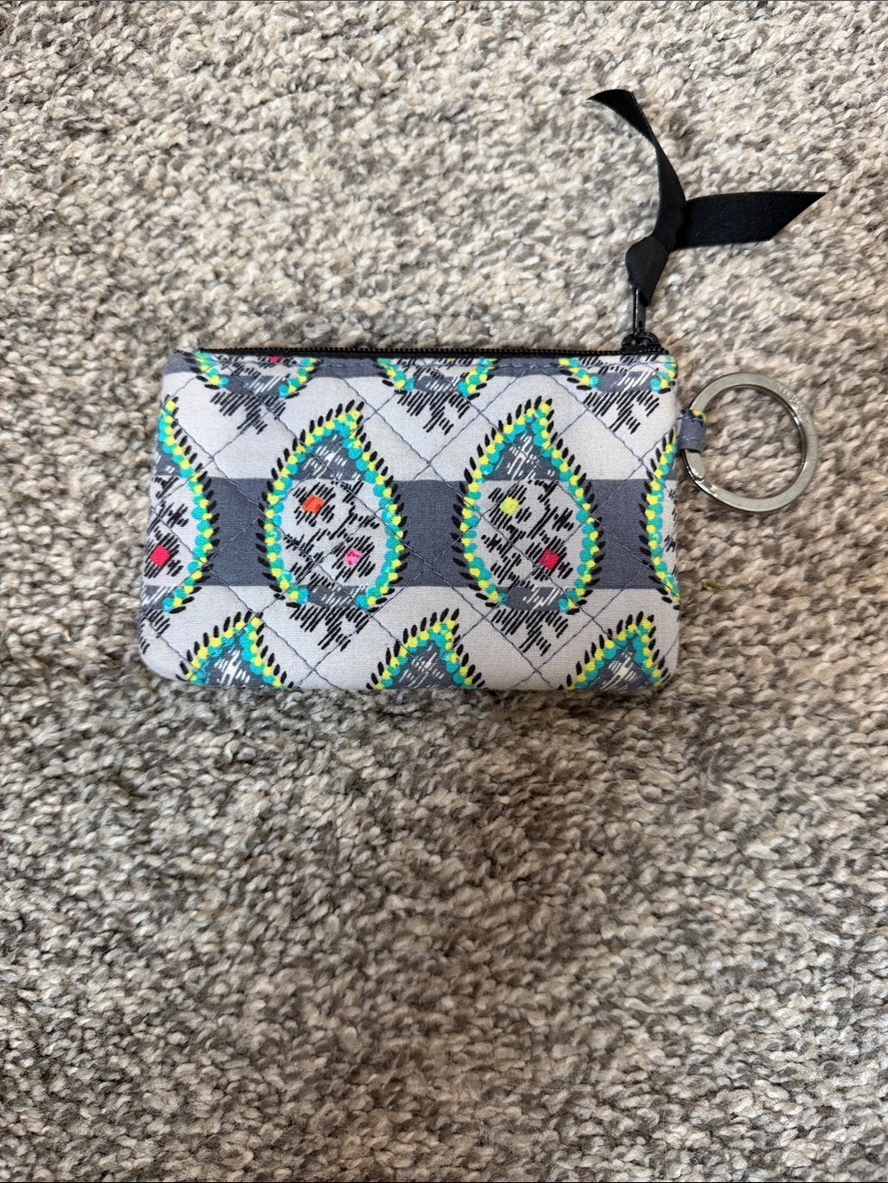 Vera Bradley Gray Quilted Zip Key Pouch with Neon Accents